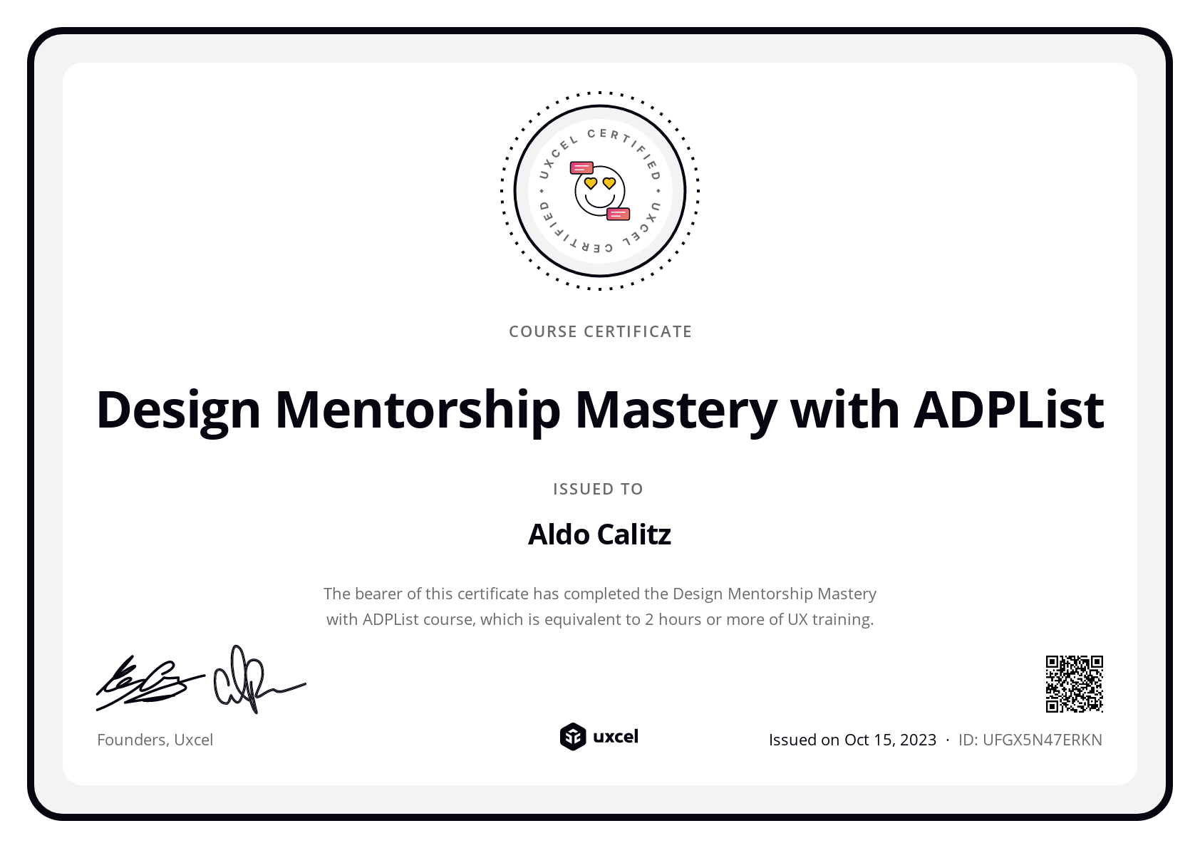 Aldo Calitz's certificate